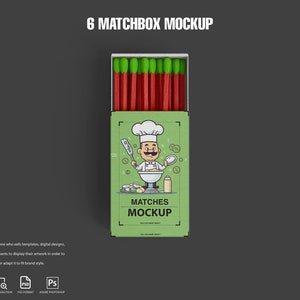 May include: A green and white matchbox mockup with a cartoon chef illustration and the text "Matches Mockup".