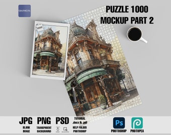 May include: A mockup of a 1000 piece jigsaw puzzle featuring a watercolour painting of a building with a green awning. The puzzle is laid out on a grey surface with a cup of coffee and a magnifying glass. The text "PUZZLE 1000 MOCKUP PART 2" is at the top of the image.