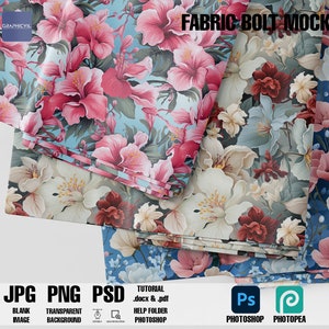 May include: A mockup of fabric bolts with floral patterns. The bolts are folded and stacked on a white background. The fabric patterns include pink hibiscus flowers on a light blue background, white flowers on a dark blue background, and pink flowers on a dark blue background.