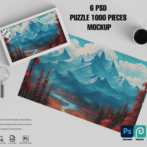 1000 Piece Puzzle Mockup: Mountain Scene Design (6 PSD)