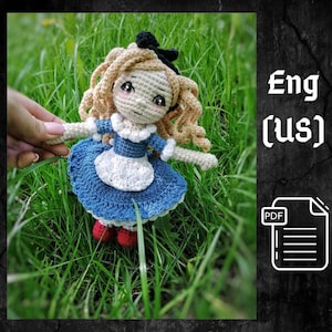 PDF Pattern Alice in Wonderland doll, Amigurumi doll Alice, Pattern crocheted doll with hair, Pattern Amigurumi doll, Alice&#39;s Adventures