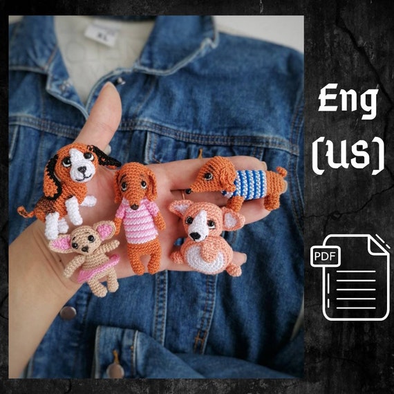Preview of PDF Crochet Dogs Brooches SET Pattern: Welsh Corgi, King Charles Spaniel, Dachshund Boy, Dachshund Girl, Chihuahua, Amigurumi dog by CrochetFunnyFriends