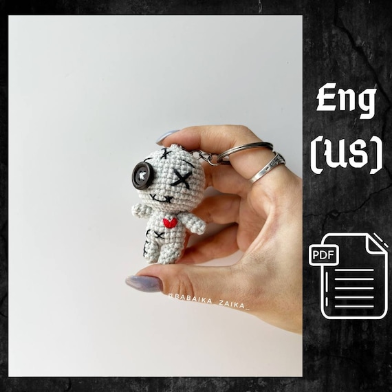 Preview of PDF Crochet Voodoo Doll Pattern, Keychain Pattern Amigurumi, Cute Voodoo Doll, little goth doll, baby voodoo, Amigurumi Voodoo Doll tutorial by CrochetFunnyFriends