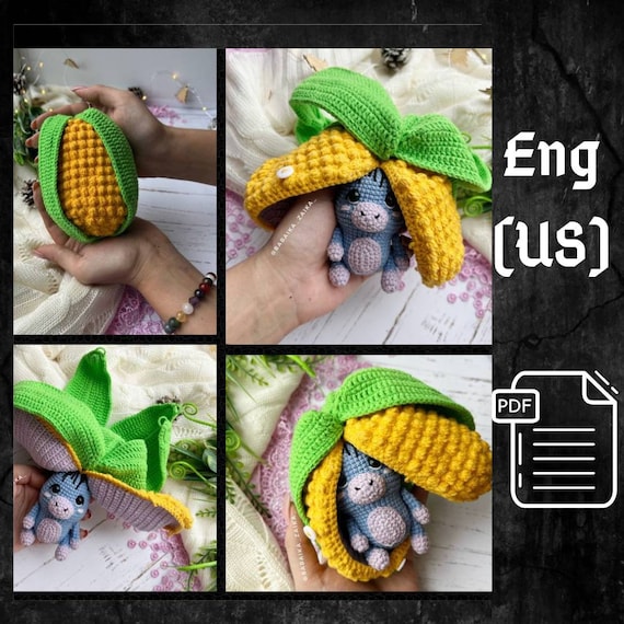 Preview of PDF Crochet Corn Donkey Amigurumi Pattern,  Crochet Fruits Pattern, Cute amigurumi Donkey, Crochet Amigurumi fruit Toy, Small Toy Pattern by CrochetFunnyFriends