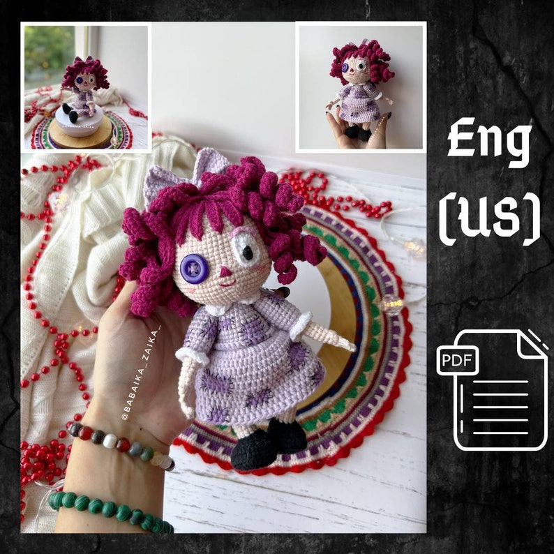 Amigurumi crochet doll with curly burgundy hair, wearing a lavender dress and black shoes, standing on a white rotating platform.