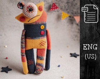 PDF Virkmönster Mr. Lu-Lu Ledsen Monster, Halloween Amigurumi Leksak, Virkat Monstermönster, Unik Handgjord Plyschdocka