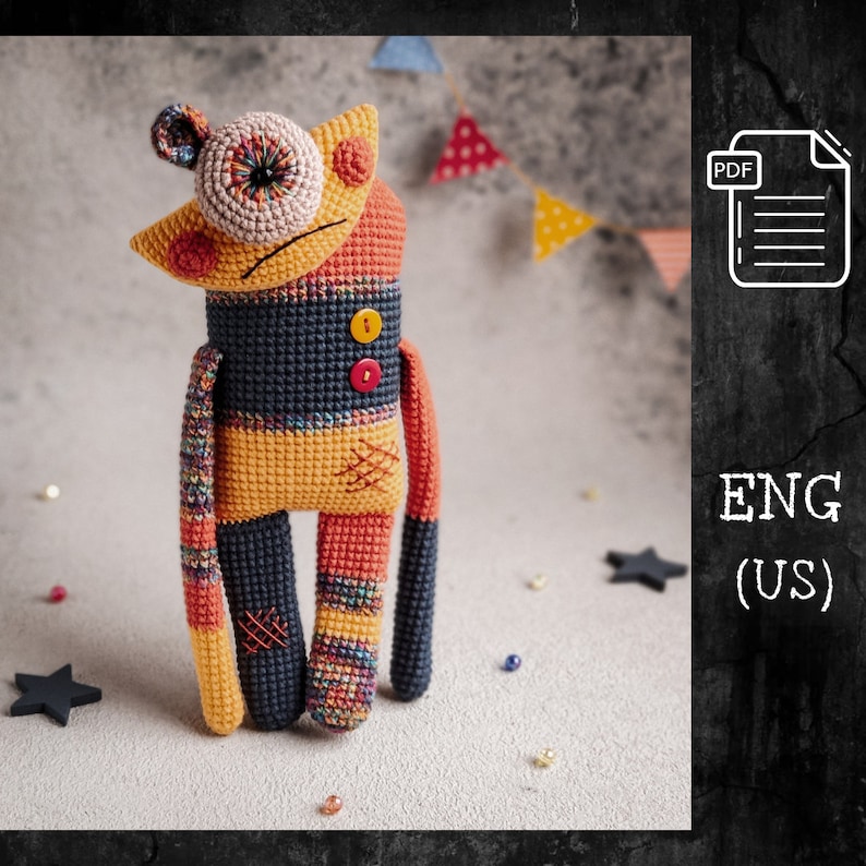 Handmade crochet plush toy in the shape of Mr. Lu-Lu, a sad monster, with a unique button design, ideal for Halloween decor.