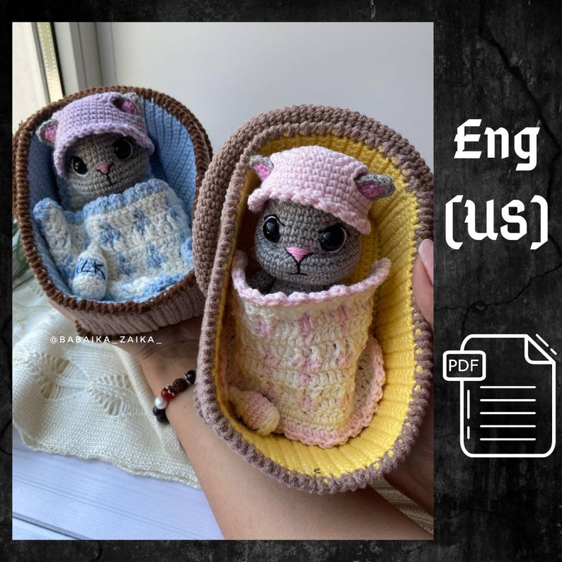 PDF Crochet Pattern Baby Cat in a Basket, Amigurumi cat pattern, Crochet Kitty, Cute cat, Animal pattern, Amigurumi animal, Crochet animal image 1