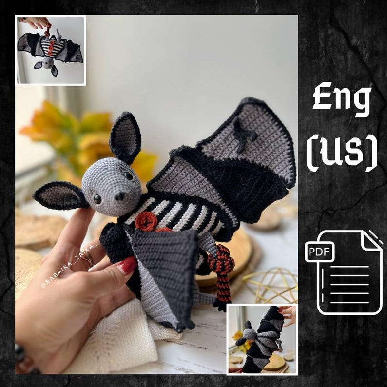 Crochet bat amigurumi with skeleton wings — cute Halloween plush toy pattern, beginner friendly PDF instant download.
