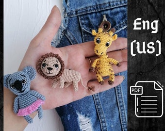 Patrón PDF de Broches SET de Ganchillo: Jirafa, León, Koala, Patrón de Broche Amigurumi Patrón de Llavero de Juguete Pequeño de Ganchillo Patrón de Animal