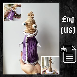 May include: Crochet amigurumi pattern for a king chess piece wearing a purple robe with white trim. The pattern is available in English (US) and is a PDF download.