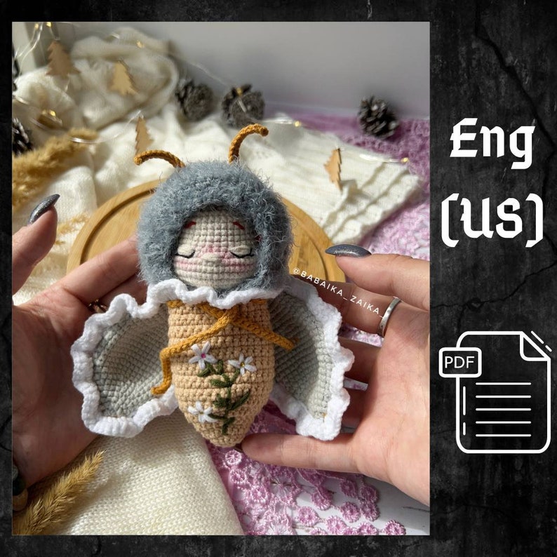 Handmade amigurumi butterfly baby doll crafted with eco-friendly yarn. This unique crochet pattern is perfect for DIY enthusiasts looking to create a soft toy with love. Ideal as a thoughtful and personal gift for birthdays, baby showers, or just as a charming decor piece for a child's room.