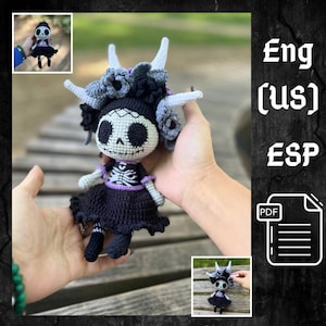 PDF Gehaakt patroon Catherine Skull Girl in Engels Halloweenpatroon gehaakt monsterpop-haakpatroon Catrina la Calavera Patrón en español