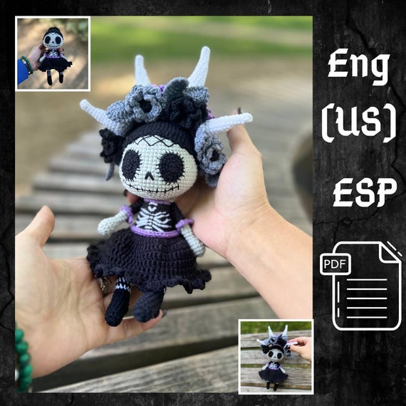 Preview of PDF Crochet Catherine Skull Girl Pattern in Eng Halloween Pattern Crochet Monster Doll Crochet Pattern Catrina la Calavera patrón en español by CrochetFunnyFriends