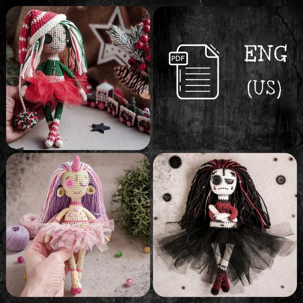 Häkelmuster-Set 3 in 1: Holly-Puppe, Mia-Puppe, Leia-Puppe / Gruselige Amigurumi-Spielzeuge / Häkelmuster kleine Fee / PDF auf Englisch