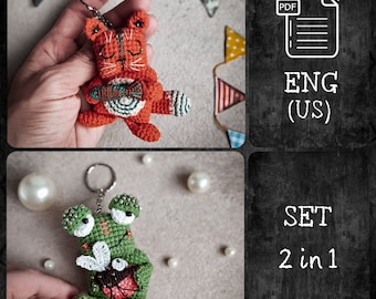 Häkelanleitung Set 2 in 1: Frosch und Katze Schlüsselanhänger, Amigurumi Muster Süßer Schlüsselanhänger, Mini Häkeltiere, Amigurumi Mosquito und Kitty, eng PDF