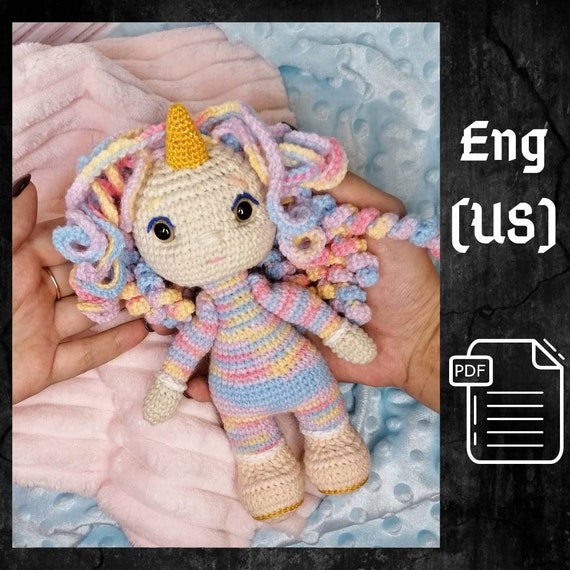 Preview of PDF Unicorn Doll crochet pattern, Crochet doll pattern, amigurumi small doll, Amigurumi unicorn,  Cute doll amigurumi pattern by CrochetFunnyFriends