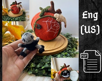 May include: Crochet pattern for a pumpkin-shaped house with a spider and web. The pattern is available in English (US) and is in PDF format.