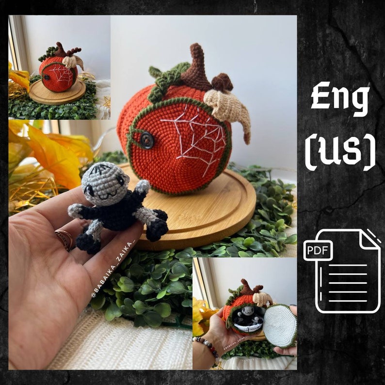 Digital crochet pattern for a unique Halloween pumpkin house with a handmade amigurumi spider. Perfect for DIY home decor, gifts, and eco-friendly crafts.