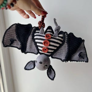 Spooky cute bat plush, crochet amigurumi PDF pattern, quick beginner project for Halloween decoration.