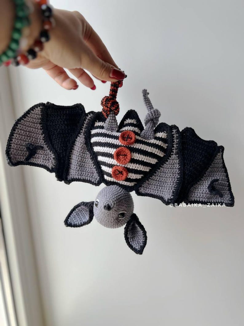 Spooky cute bat plush, crochet amigurumi PDF pattern, quick beginner project for Halloween decoration.