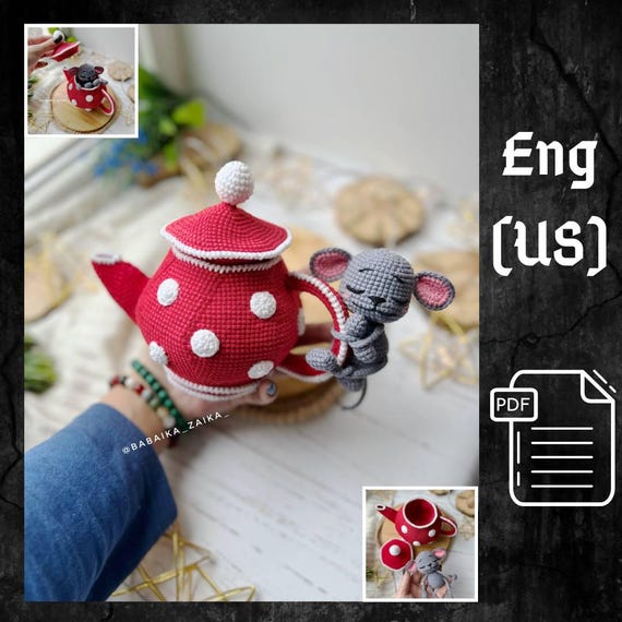 Preview of PDF Crochet Pattern Mouse in the Teapot, Amigurumi Decor pattern, Crochet mouse, Cute mouse, Pattern House, Crochet tea house by CrochetFunnyFriends