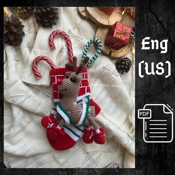 Preview of PDF Christmas Stocking, Christmas amigurumi pattern, Christmas ornament sock, Christmas decoration, Christmas crochet deer, Christmas animal by CrochetFunnyFriends