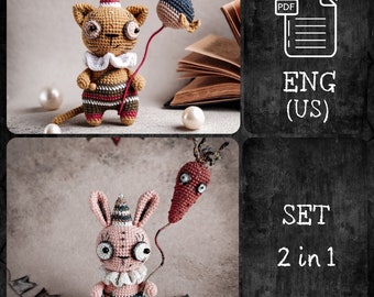 Crochet pattern SET 2 in 1: Cat and Bunny / Amigurumi creepy toys / Crochet little fish / Crochet carrot / PDF in English