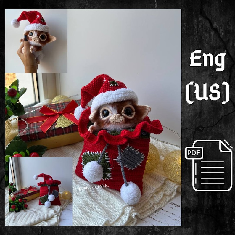 Crochet Christmas Gizmo toy wearing a red Santa hat, sitting in a handmade Christmas bag with festive decorations, eco-friendly and unique gift idea.