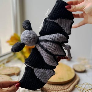 Small crochet bat with skeleton wings, cute spooky plush toy pattern, instant download Halloween decor.