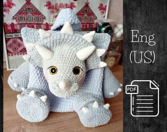 PDF Crochet Pattern Dinosaur Backpack, Amigurumi Triceratops Bag, Plush DIY Dino Backpack, Cute Handmade Eco-Friendly Crochet Bag