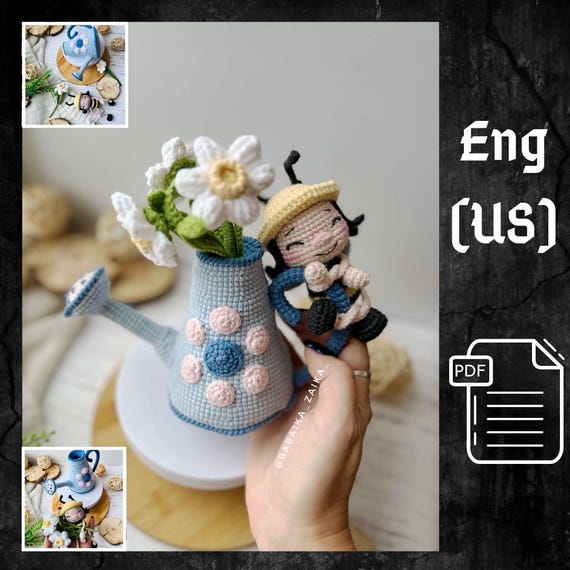 Preview of PDF Crochet Pattern Spring Watering Can with a Baby Bee, Amigurumi Decor pattern, Crochet bee, Cute Bee, Doll pattern, Small Baby Toy Patter by CrochetFunnyFriends