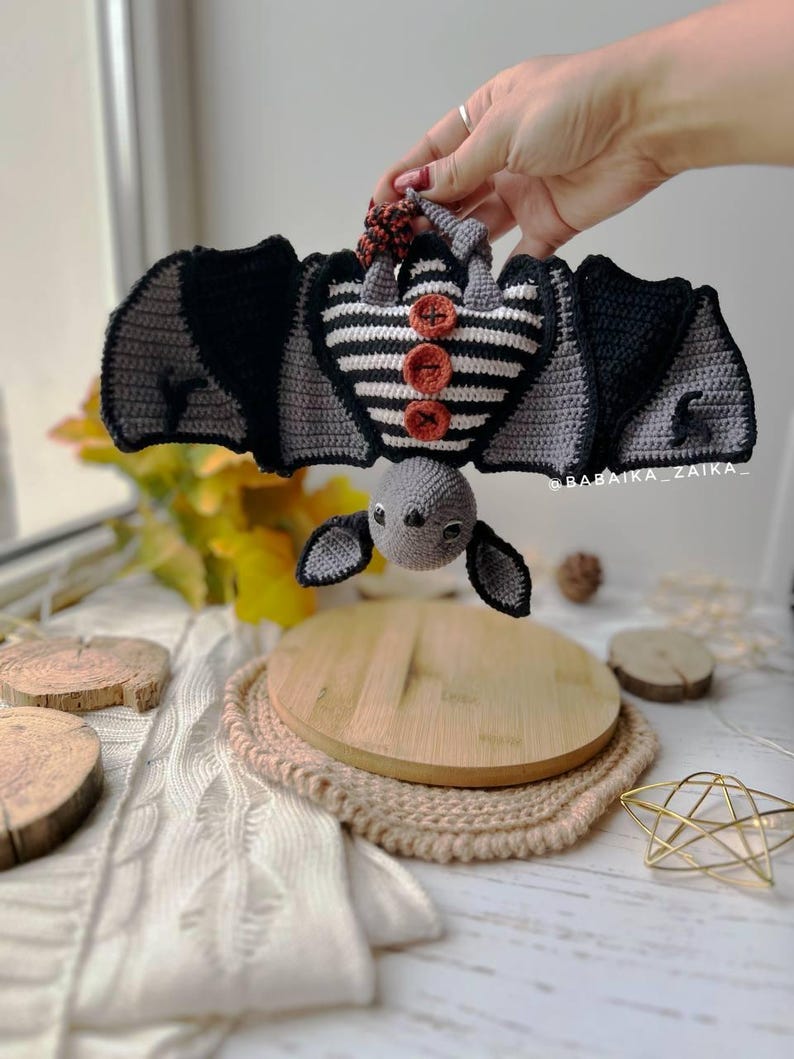 Handmade amigurumi bat toy — kawaii spooky Halloween crochet pattern with wings, beginner friendly tutorial.
