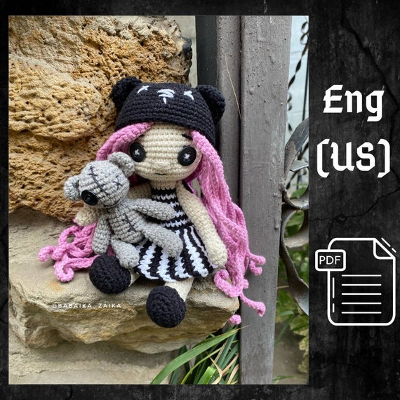 Preview of PDF Gothic Doll Crochet Pattern - PDF Amigurumi Pattern, Voodoo Doll, Halloween Cute Small Doll, Witch Doll Handmade, Crochet Creepy Toy by CrochetFunnyFriends