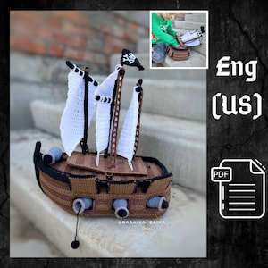 May include: A crochet pirate ship in brown, black, and white. The ship has white sails, a black pirate flag, and cannon details. The design includes a PDF icon in the corner.