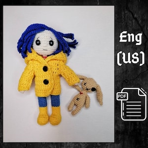 A handmade crochet Coraline doll with button eyes, wearing a yellow raincoat and blue pants, holding a small voodoo bunny. Digital crochet pattern available in English (PDF).
A close-up of the crochet Coraline doll, showing its striped sweater and fine crochet details, demonstrating the flexibility of the handmade toy.