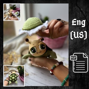 May include: Crochet amigurumi pattern for a cute green turtle with a white shell and big eyes. The pattern is available in English (US) and comes in a PDF format.
