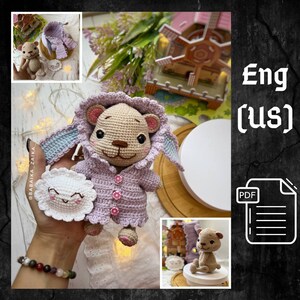May include: Crochet amigurumi pattern for a teddy bear wearing a lavender hooded sweater. The pattern is available in English (US) and includes a PDF download. The pattern is for a small teddy bear, approximately 15cm tall.