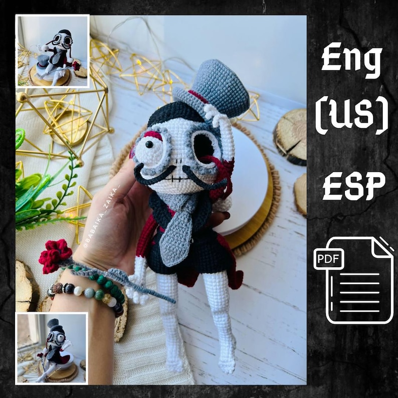 Crochet Mr. Santa Muerte doll with a gray top hat and red rose, sitting on a wooden plate surrounded by holiday decorations.