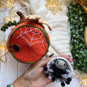 Eco-friendly crochet pumpkin house and spider decor. Ideal for DIY Halloween crafts or handmade gifts. Instant digital download for crochet enthusiasts.