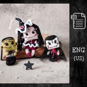 Crochet Pattern Set 3 in 1 Halloween / Amigurumi DIY / Frankenstein&#39;s Monster, Dracula, Witch, creepy, decoration