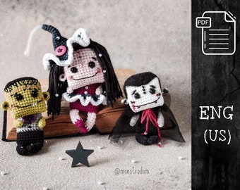 Crochet Pattern Set 3 in 1 Halloween / Amigurumi DIY / Frankenstein's Monster, Dracula, Witch, creepy, decoration
