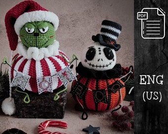 Crochet pattern SET 2 in 1: Mr. Jack and Christmas Green Villain / Amigurumi pumpkin / Crochet Halloween decor / Amigurumi Christmas PDF Eng