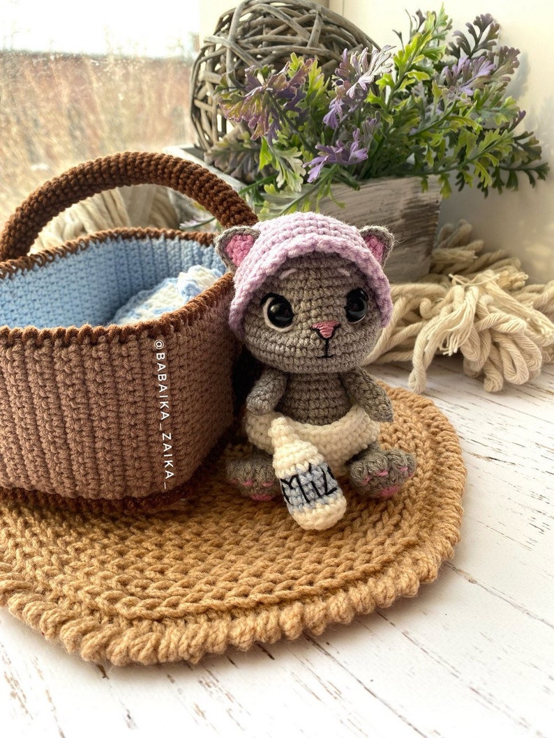PDF Crochet Pattern Baby Cat in a Basket, Amigurumi cat pattern, Crochet Kitty, Cute cat, Animal pattern, Amigurumi animal, Crochet animal image 2