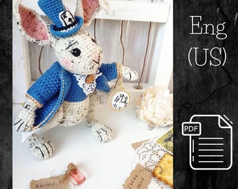 Patrón PDF de crochet de conejo blanco amigurumi, juguete de Alicia en el país de las maravillas, tutorial de conejo de crochet en PDF, muñeca inspirada en Burton, manualidades únicas de crochet