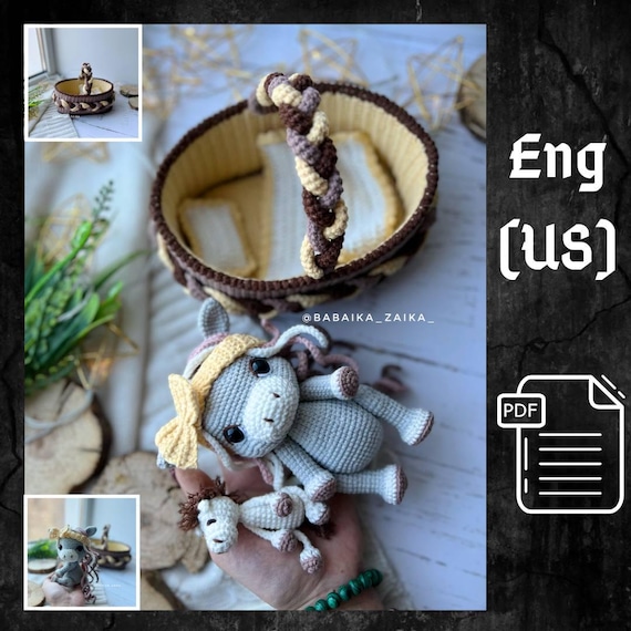 Preview of PDF Crochet Pattern Baby Horse in a Basket, Amigurumi horse pattern, Crochet horse, Cute horse, Animal pattern, Small Baby Toy Pattern by CrochetFunnyFriends