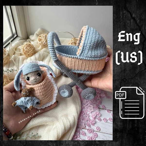 PDF Crochet Pattern Baby Doll in a Baby Carriage, Amigurumi baby doll pattern, Crochet Carriage, Crochet Stroller, Cute teddy bear