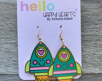 Happy Rocket Dangle Teacher Earrings