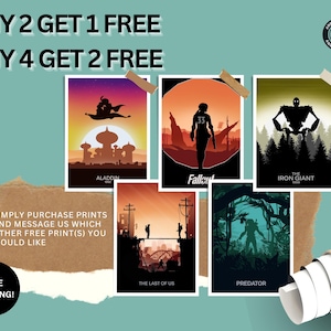 May include: A collage of six movie posters featuring minimalist silhouettes of characters from popular films, including Aladdin, Fallout, The Iron Giant, The Last of Us, and Predator. The posters are arranged in a grid pattern and have a brown paper texture. The text "BUY 2 GET 1 FREE" and "BUY 4 GET 2 FREE" is displayed at the top of the image.