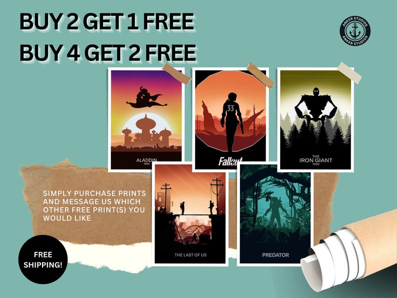 May include: A collage of six movie posters featuring minimalist silhouettes of characters from popular films, including Aladdin, Fallout, The Iron Giant, The Last of Us, and Predator. The posters are arranged in a grid pattern and have a brown paper texture. The text "BUY 2 GET 1 FREE" and "BUY 4 GET 2 FREE" is displayed at the top of the image.